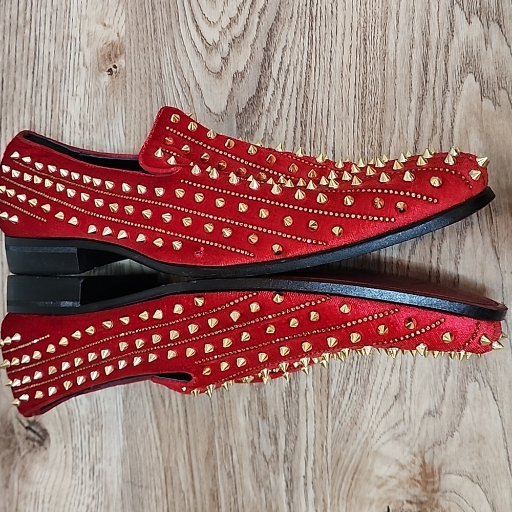 After Midnight Mens Harvie AM Exclusive Smoker Red Velvet Gold Spike Studs Shoes - Picture 6 of 11